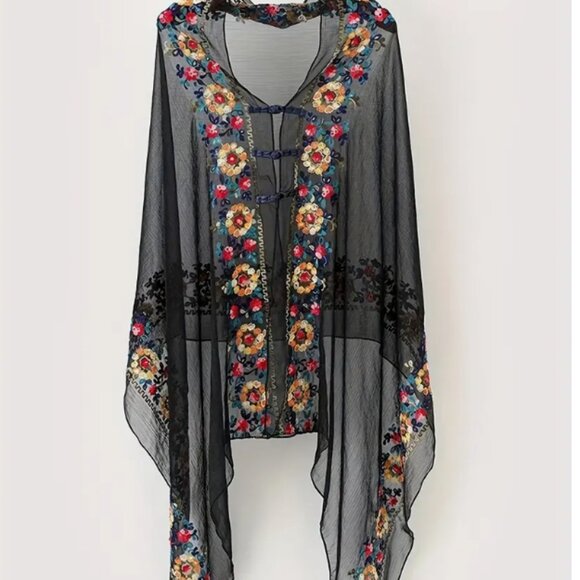 BOUTIQUE SHEER EMBROIDERED SHAWL/PONCHO - Picture 1 of 8